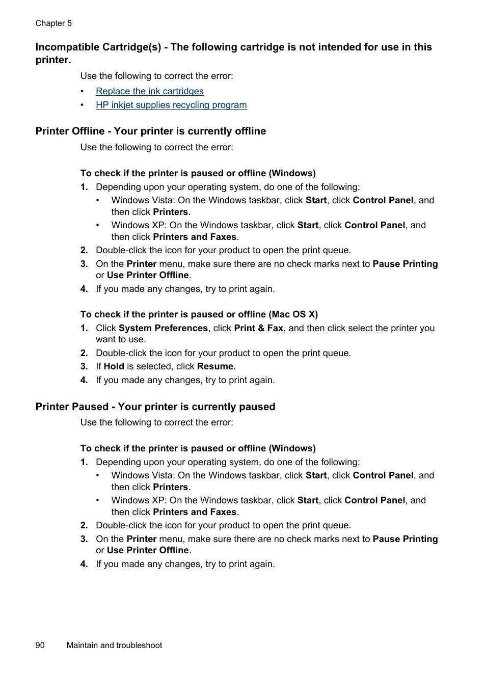 Printer paused - your printer is currently paused | HP Officejet Pro 8000 - A809 User Manual | Page 94 / 140