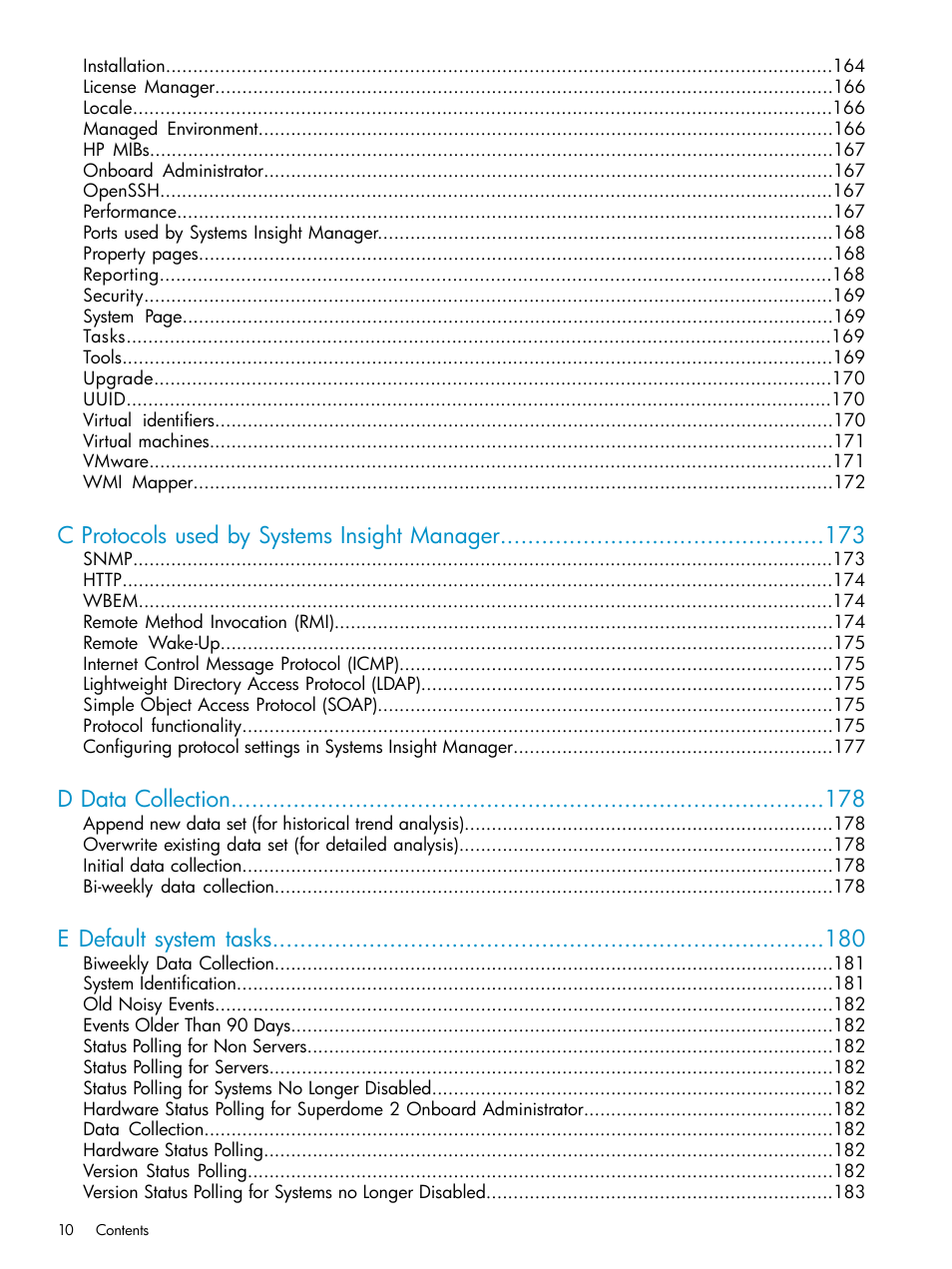 C protocols used by systems insight manager, D data collection, E default system tasks | HP Systems Insight Manager User Manual | Page 10 / 223