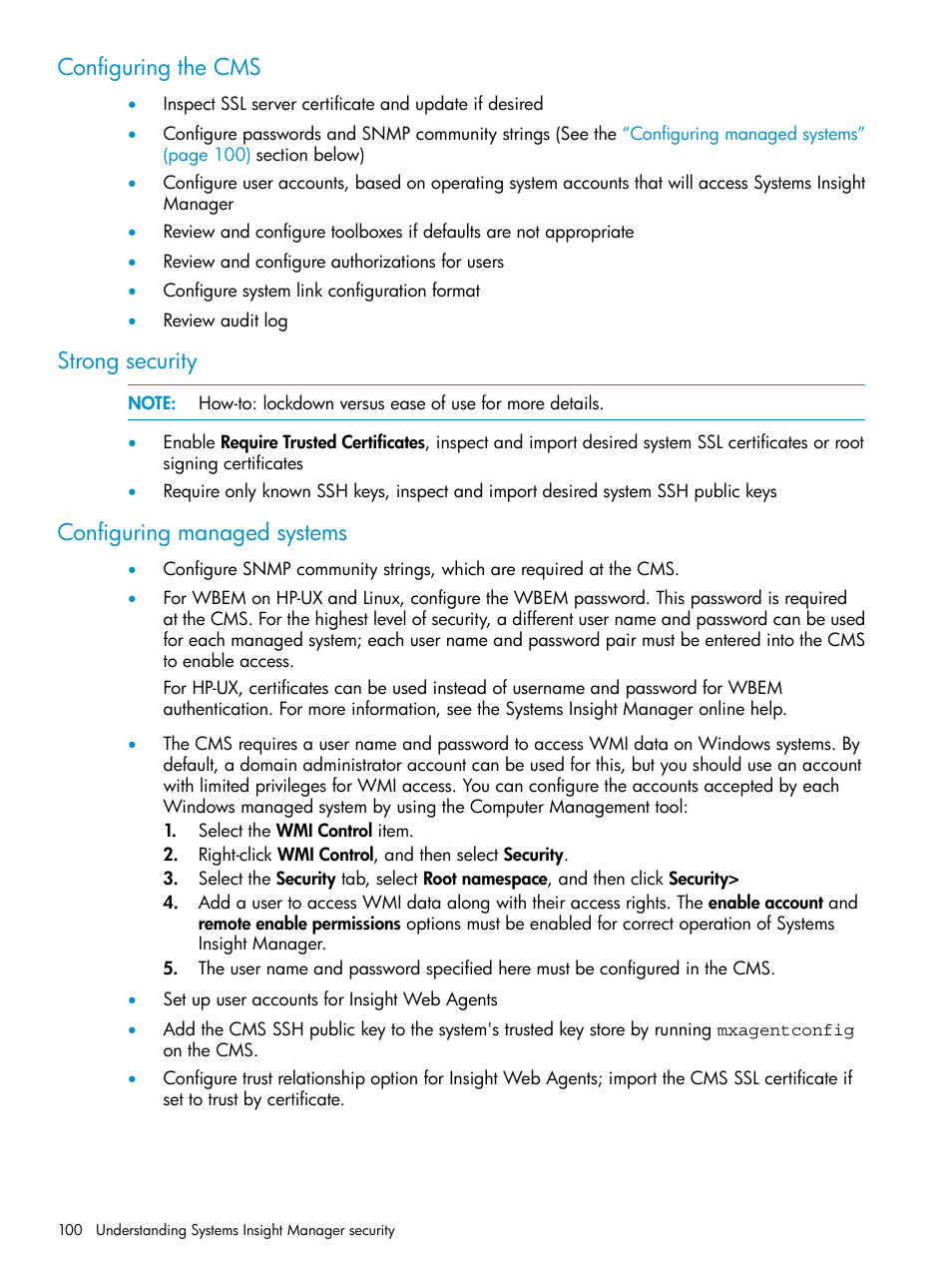 Configuring the cms, Strong security, Configuring managed systems | HP Systems Insight Manager User Manual | Page 100 / 223