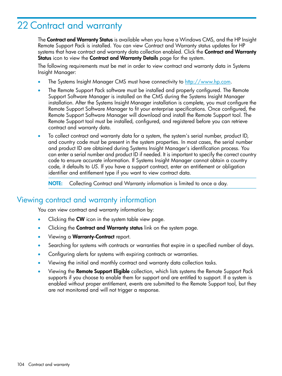 22 contract and warranty, Viewing contract and warranty information | HP Systems Insight Manager User Manual | Page 104 / 223