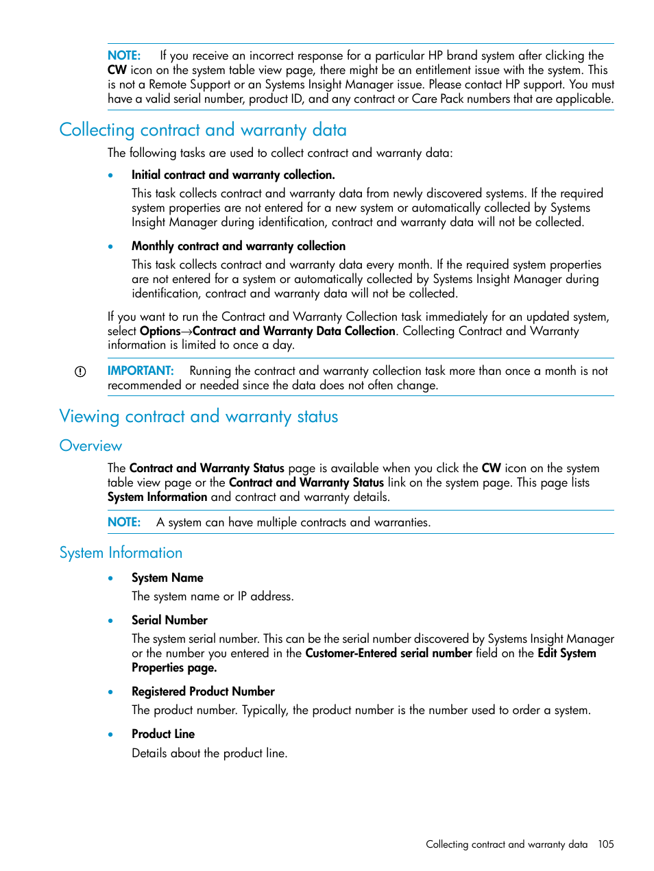 Collecting contract and warranty data, Viewing contract and warranty status, Overview | System information, Overview system information | HP Systems Insight Manager User Manual | Page 105 / 223