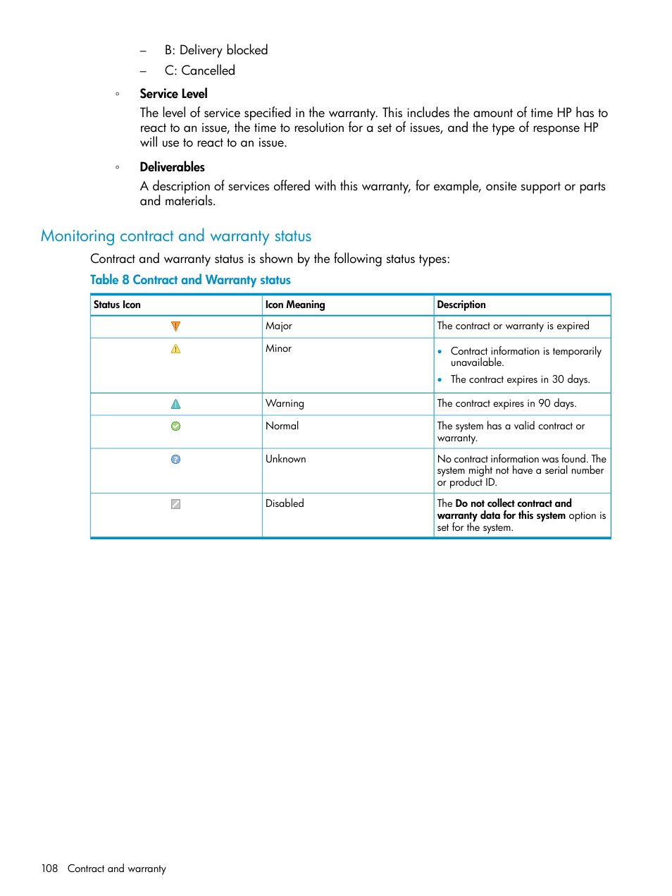 Monitoring contract and warranty status, Contract and warranty status | HP Systems Insight Manager User Manual | Page 108 / 223