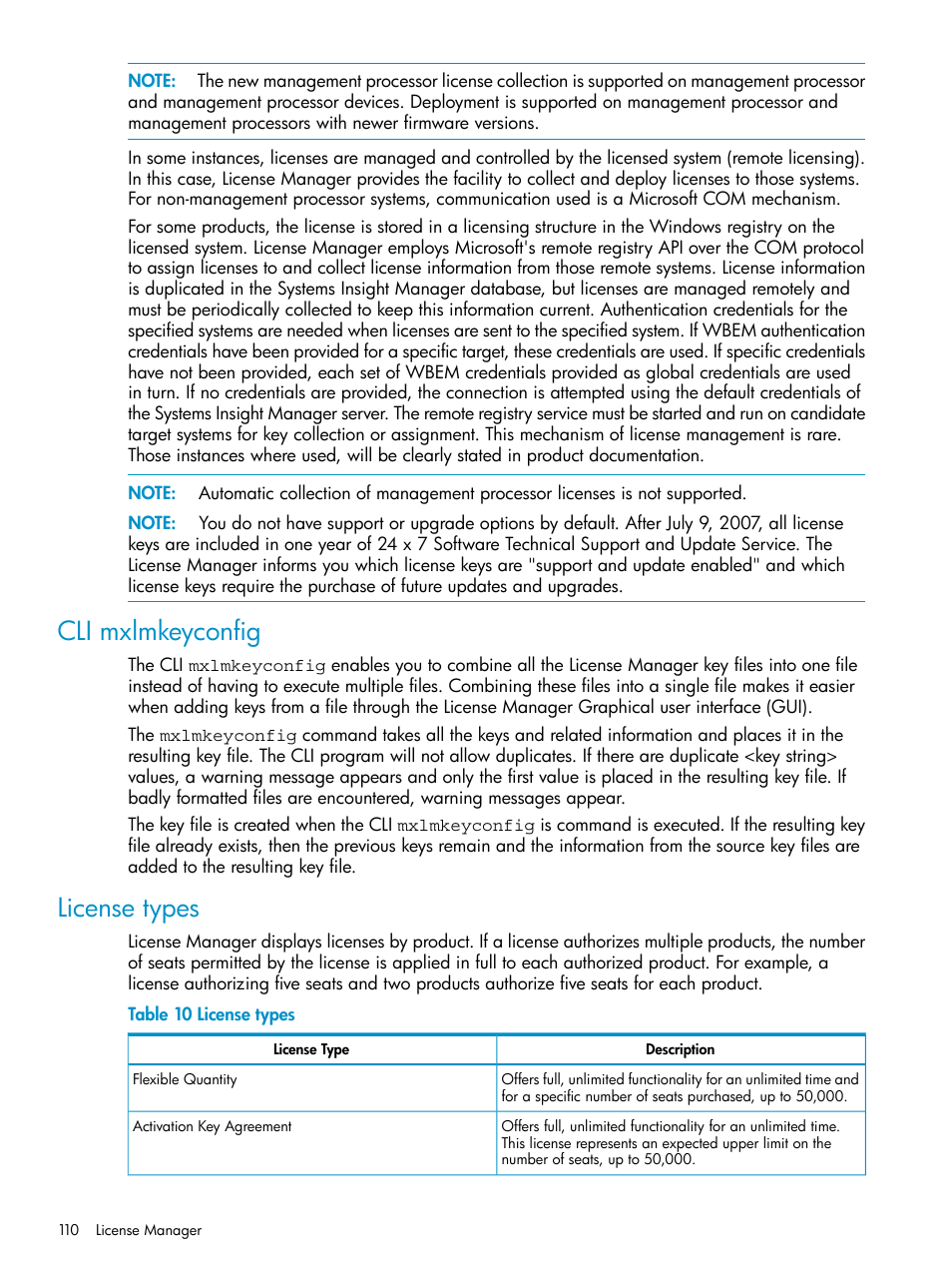Cli mxlmkeyconfig, License types, Cli mxlmkeyconfig license types | HP Systems Insight Manager User Manual | Page 110 / 223