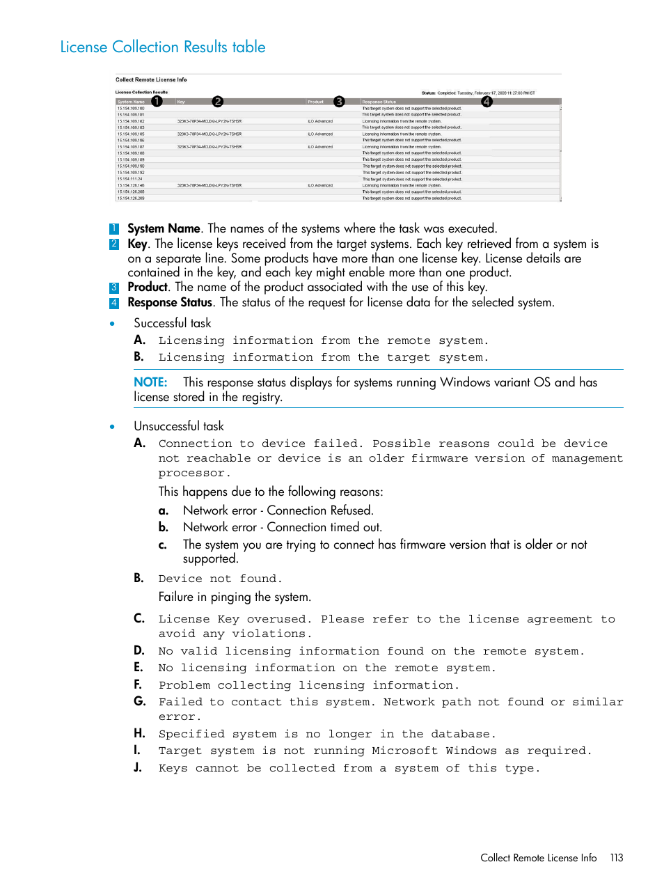 License collection results table | HP Systems Insight Manager User Manual | Page 113 / 223
