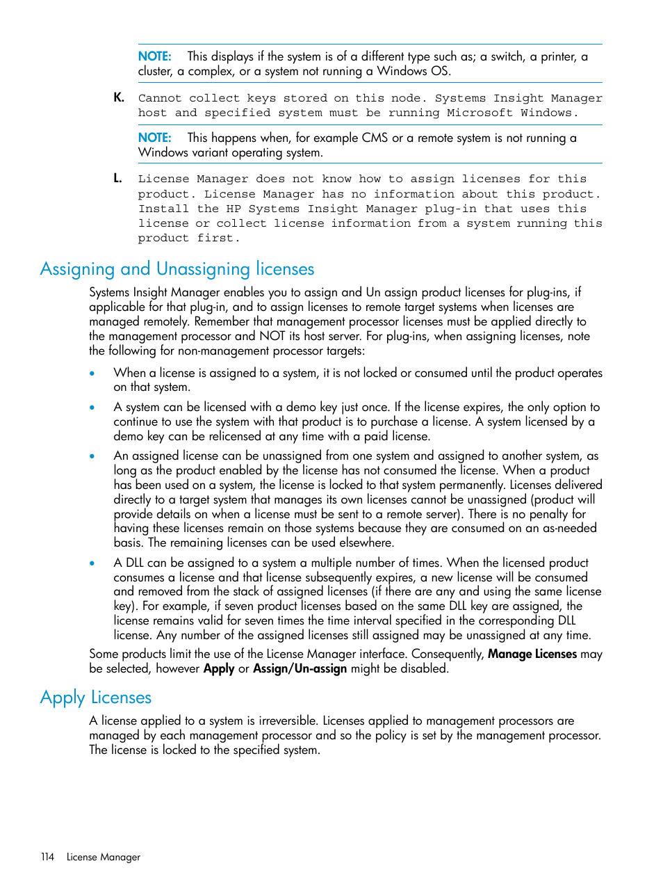 Assigning and unassigning licenses, Apply licenses, Assigning and unassigning licenses apply licenses | HP Systems Insight Manager User Manual | Page 114 / 223