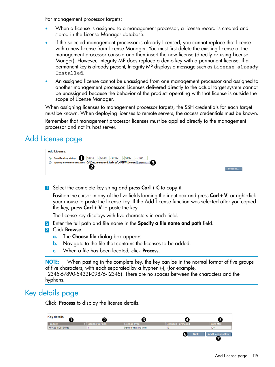 Add license page, Key details page | HP Systems Insight Manager User Manual | Page 115 / 223