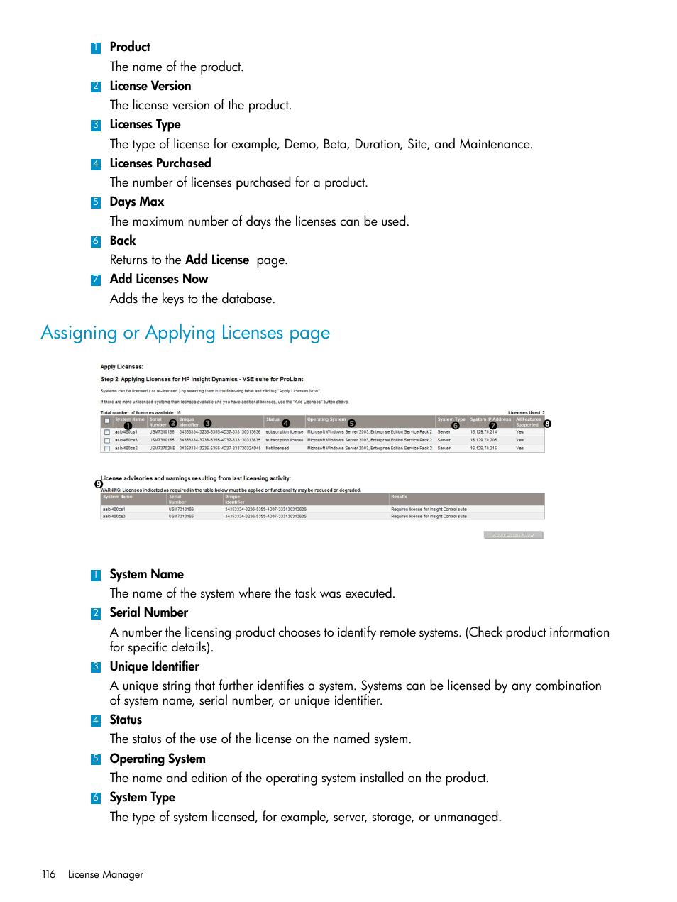 Assigning or applying licenses page | HP Systems Insight Manager User Manual | Page 116 / 223