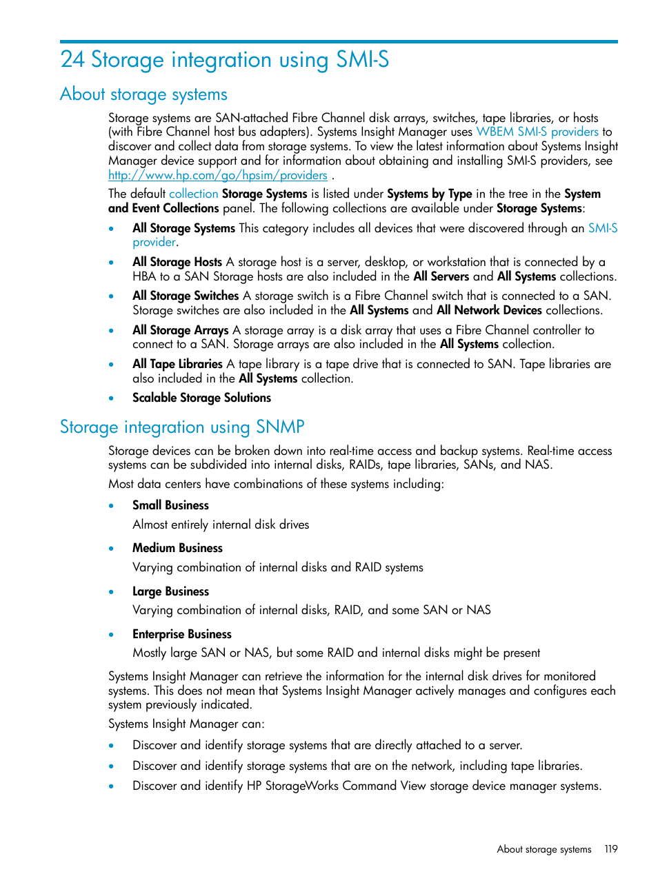 24 storage integration using smi-s, About storage systems, Storage integration using snmp | HP Systems Insight Manager User Manual | Page 119 / 223