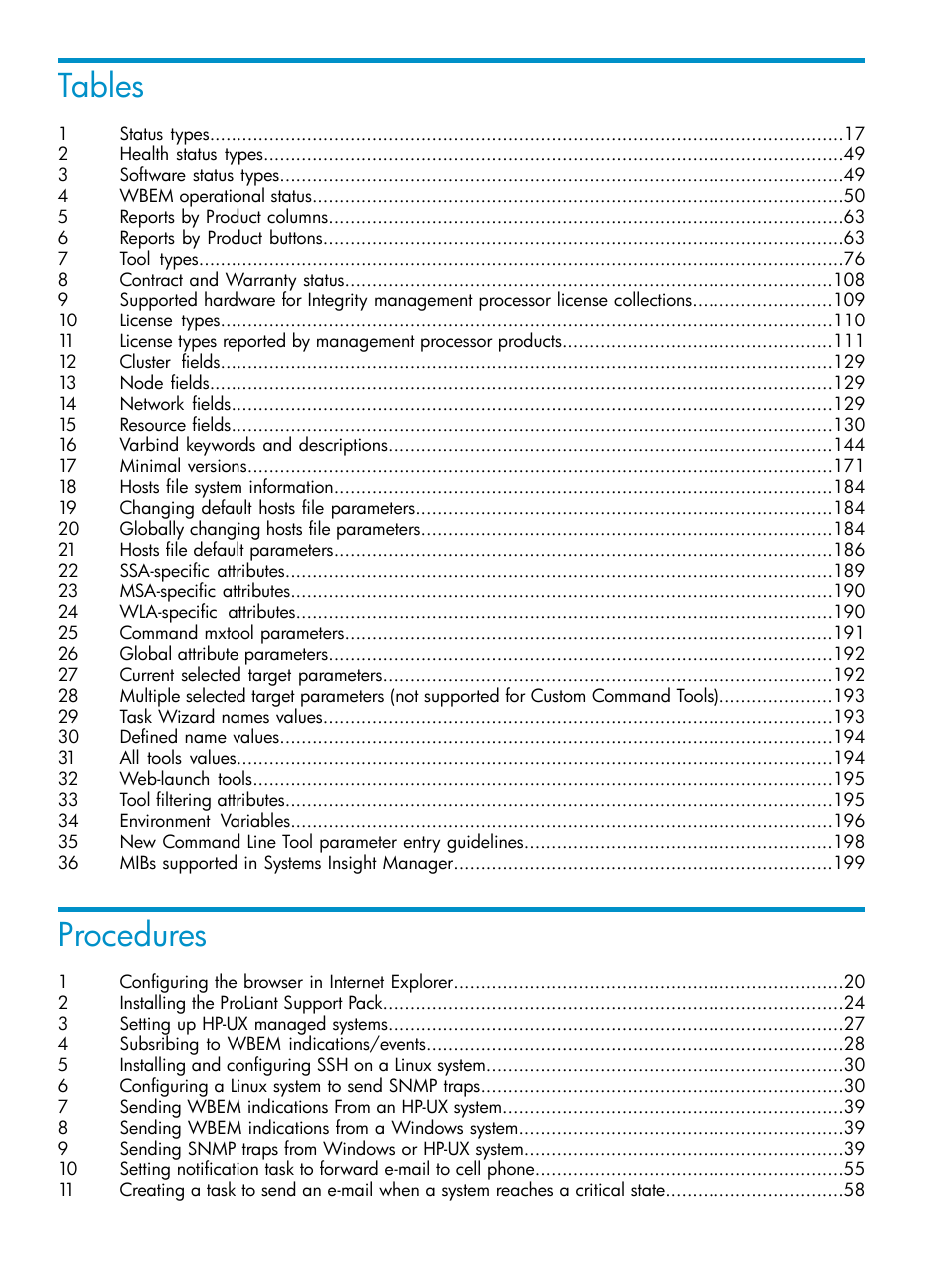 Tables, Procedures | HP Systems Insight Manager User Manual | Page 12 / 223