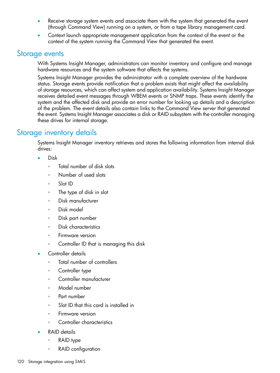 Storage events, Storage inventory details, Storage events storage inventory details | HP Systems Insight Manager User Manual | Page 120 / 223