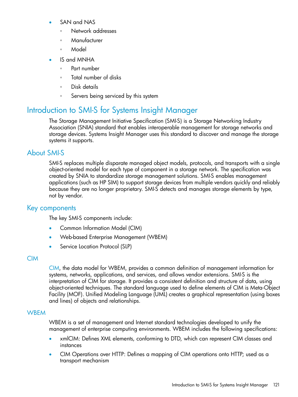 Introduction to smi-s for systems insight manager, About smi-s, Key components | Wbem, About smi-s key components, Cim wbem | HP Systems Insight Manager User Manual | Page 121 / 223