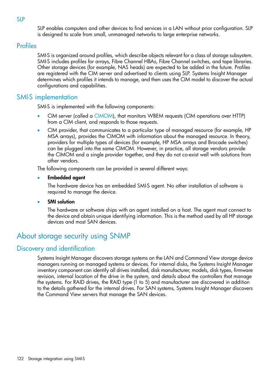 Profiles, Smi-s implementation, About storage security using snmp | Discovery and identification, Profiles smi-s implementation | HP Systems Insight Manager User Manual | Page 122 / 223