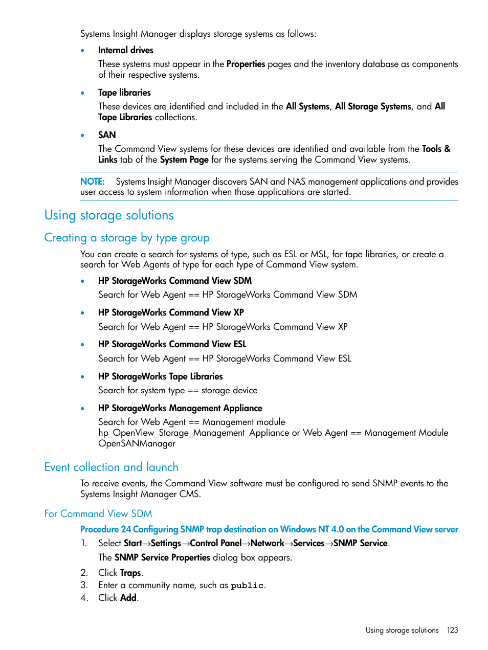 Using storage solutions, Creating a storage by type group, Event collection and launch | For command view sdm | HP Systems Insight Manager User Manual | Page 123 / 223