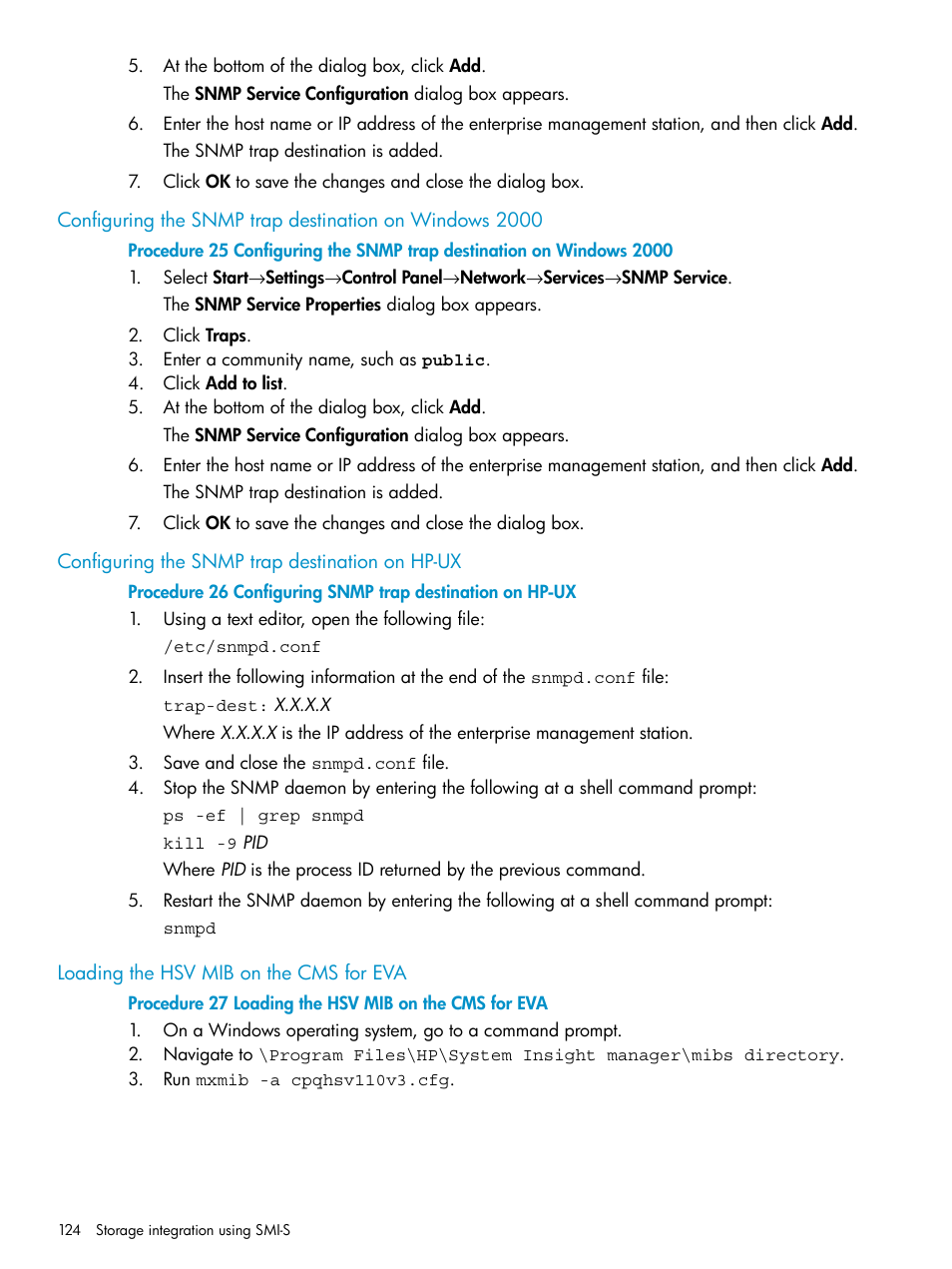 Configuring the snmp trap destination on hp-ux, Loading the hsv mib on the cms for eva, Configuring snmp trap destination on hp-ux | HP Systems Insight Manager User Manual | Page 124 / 223