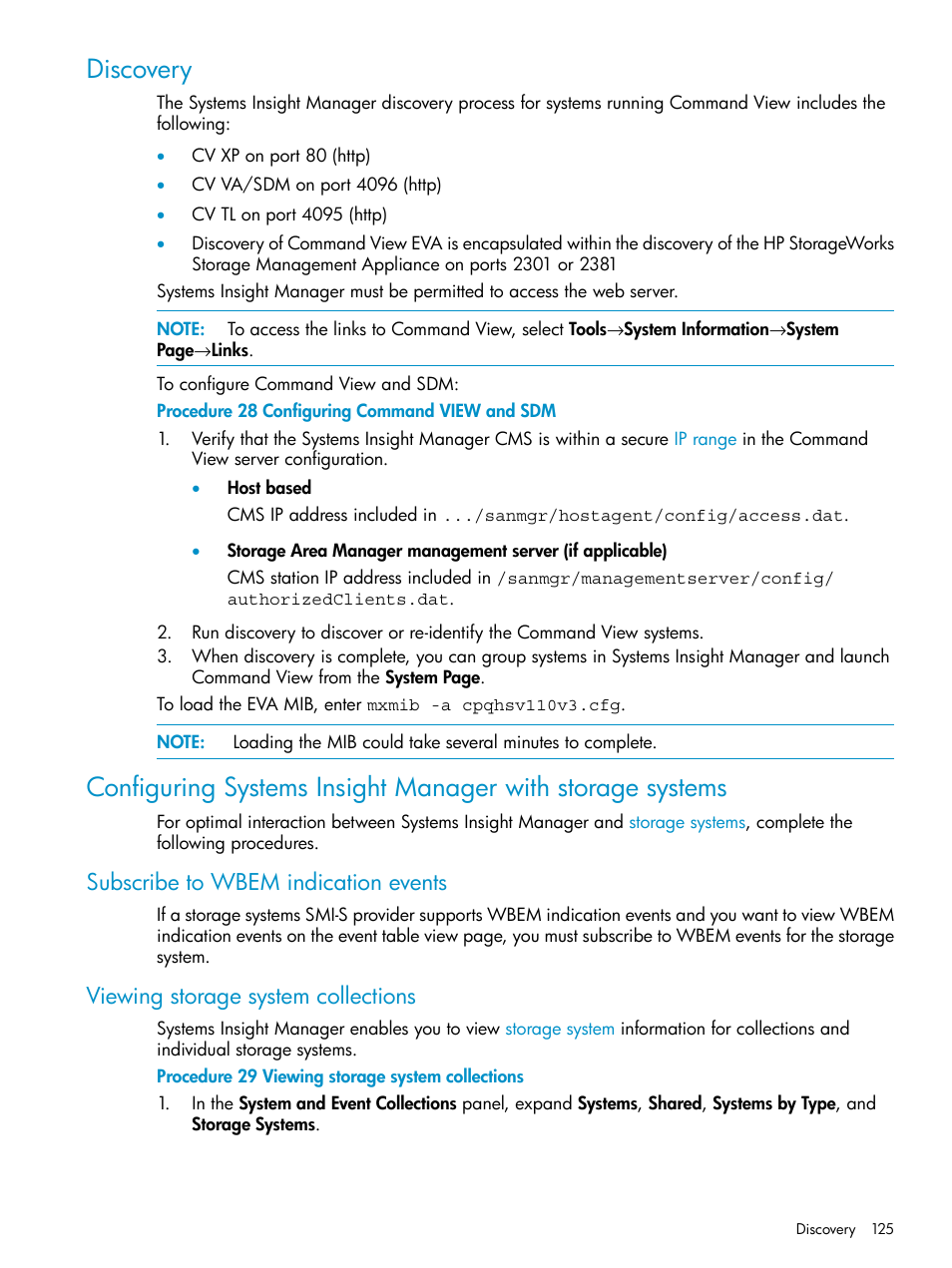 Discovery, Subscribe to wbem indication events, Viewing storage system collections | Configuring command view and sdm | HP Systems Insight Manager User Manual | Page 125 / 223