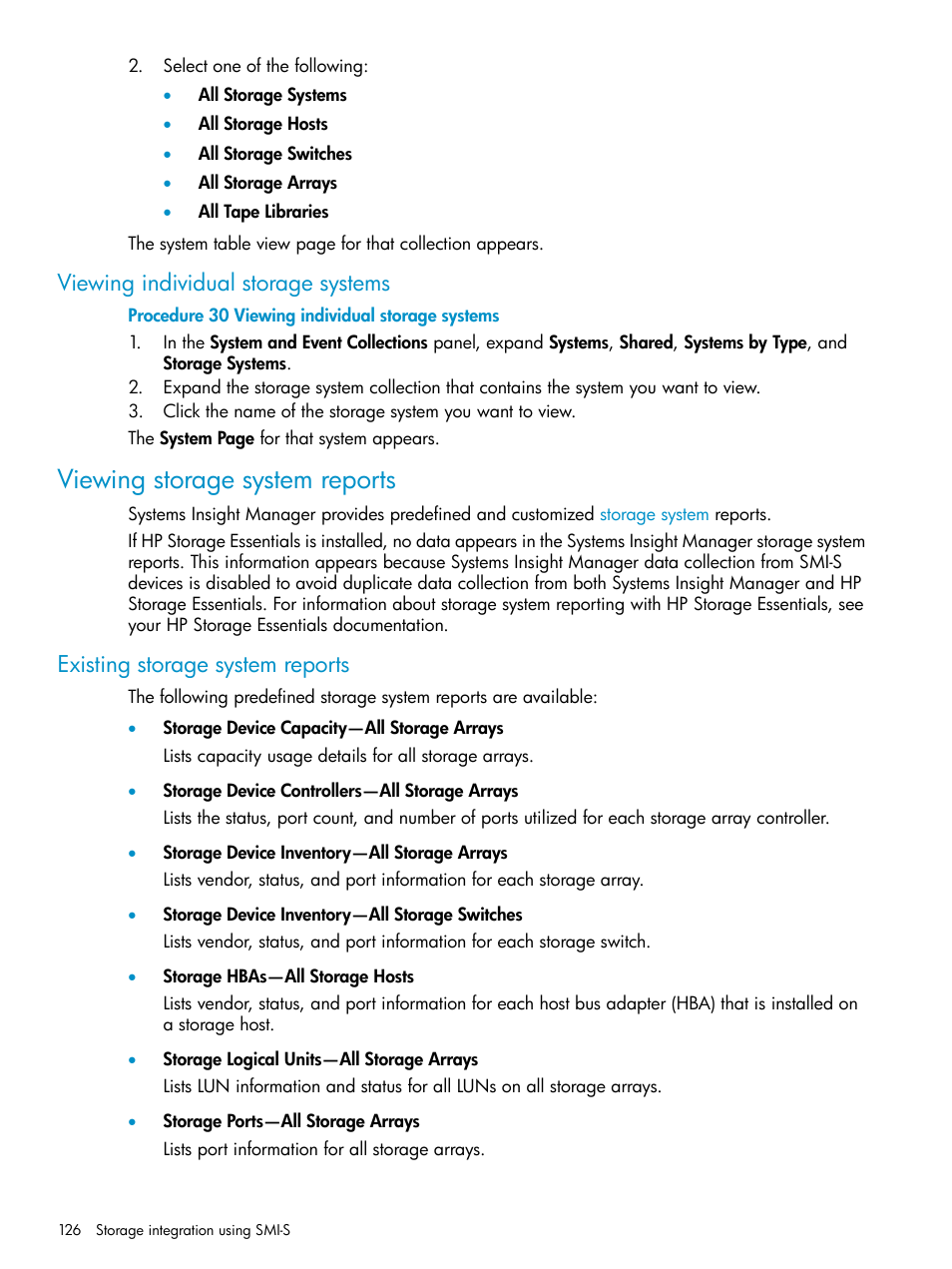 Viewing individual storage systems, Viewing storage system reports, Existing storage system reports | HP Systems Insight Manager User Manual | Page 126 / 223