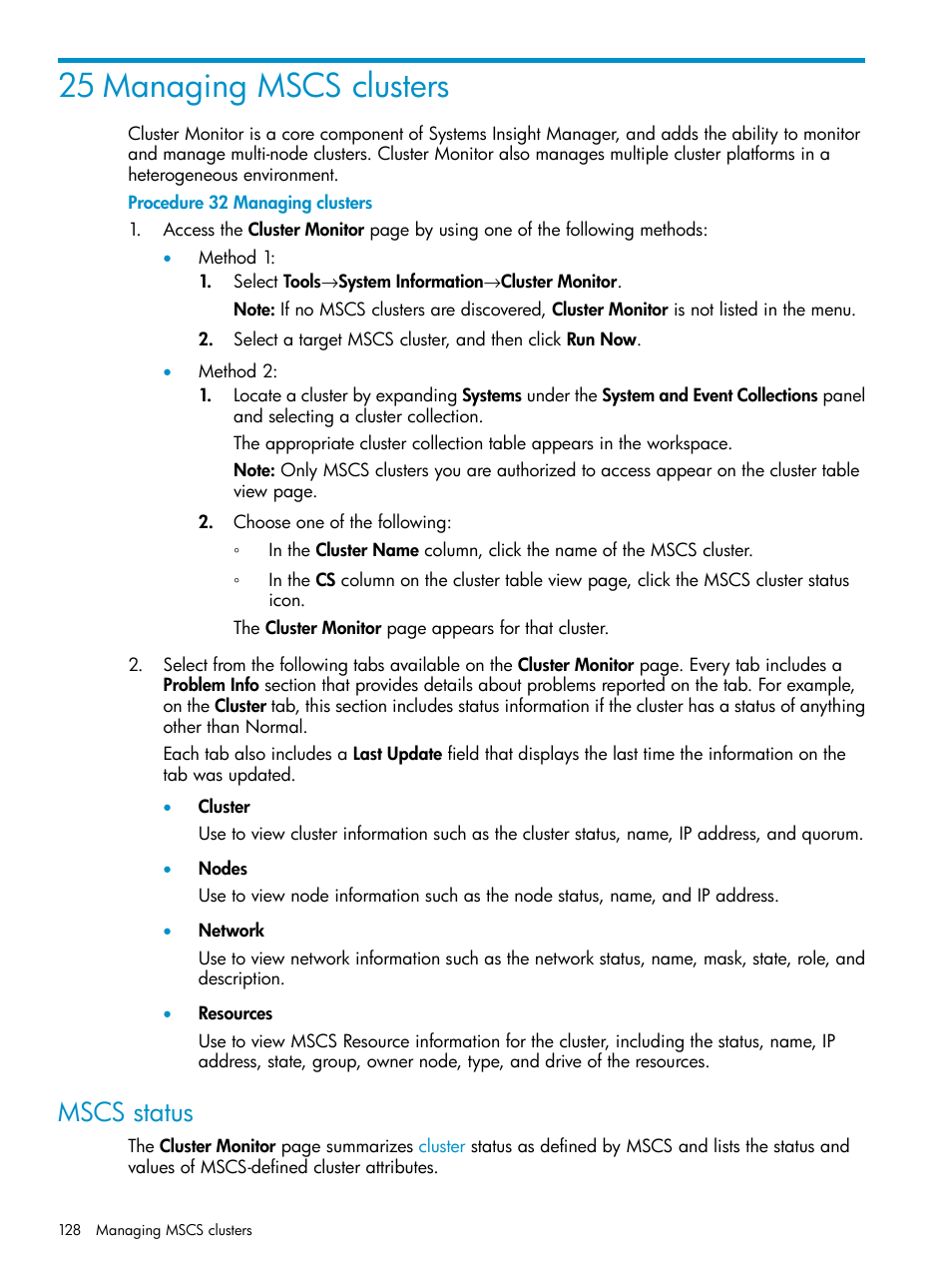 25 managing mscs clusters, Mscs status, Managing clusters | HP Systems Insight Manager User Manual | Page 128 / 223