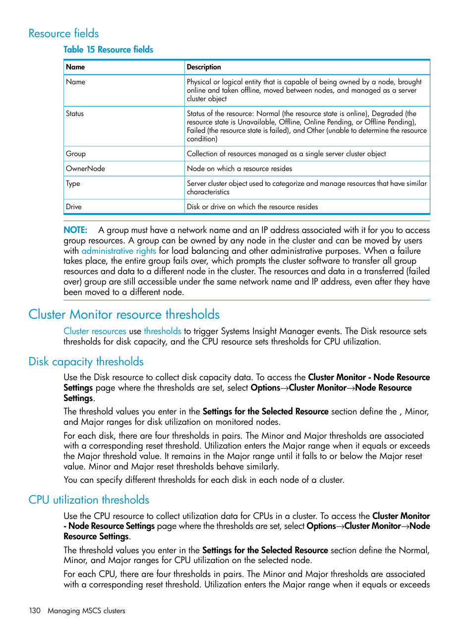 Resource fields, Cluster monitor resource thresholds, Disk capacity thresholds | Cpu utilization thresholds | HP Systems Insight Manager User Manual | Page 130 / 223