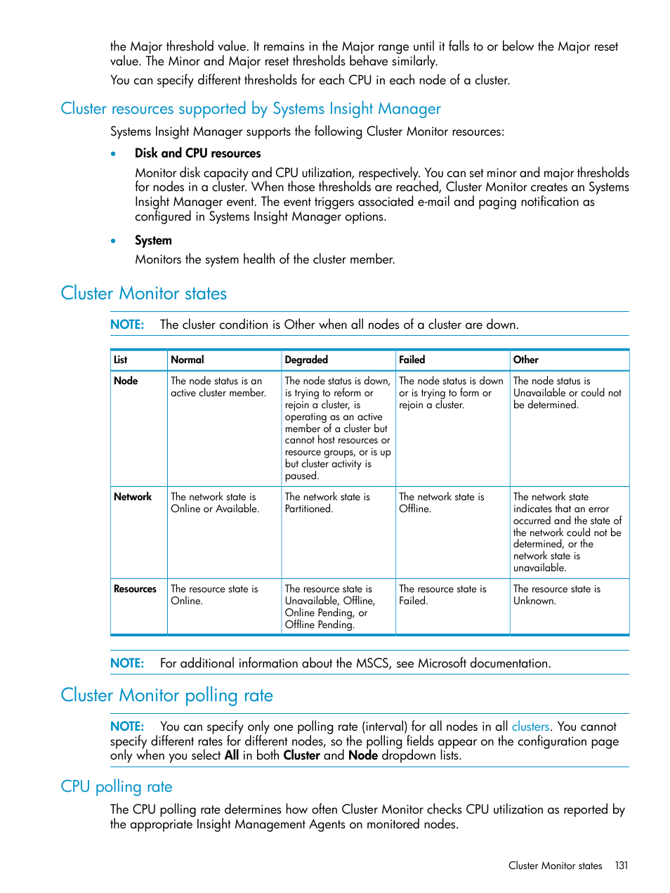 Cluster monitor states, Cluster monitor polling rate, Cpu polling rate | HP Systems Insight Manager User Manual | Page 131 / 223