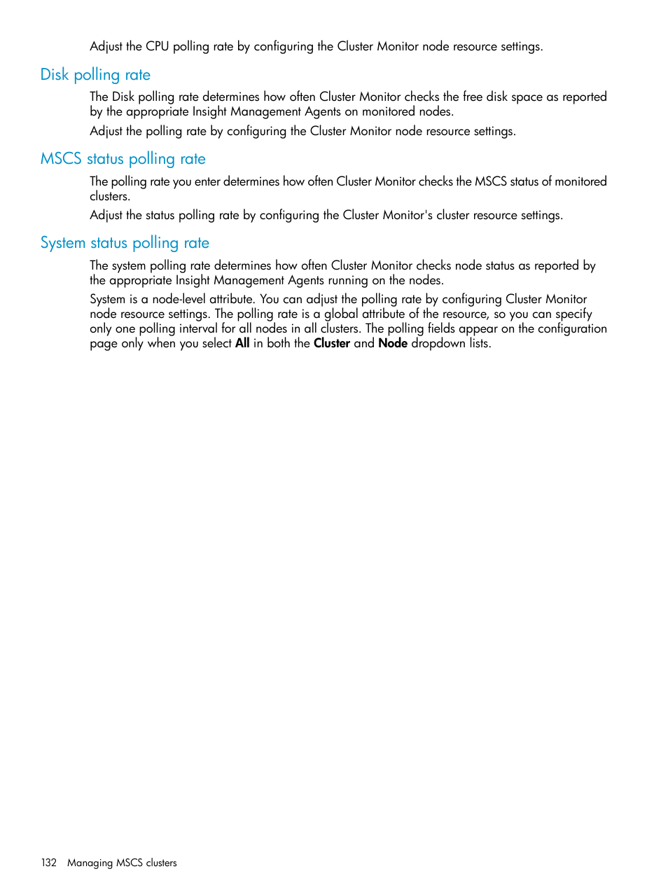 Disk polling rate, Mscs status polling rate, System status polling rate | HP Systems Insight Manager User Manual | Page 132 / 223