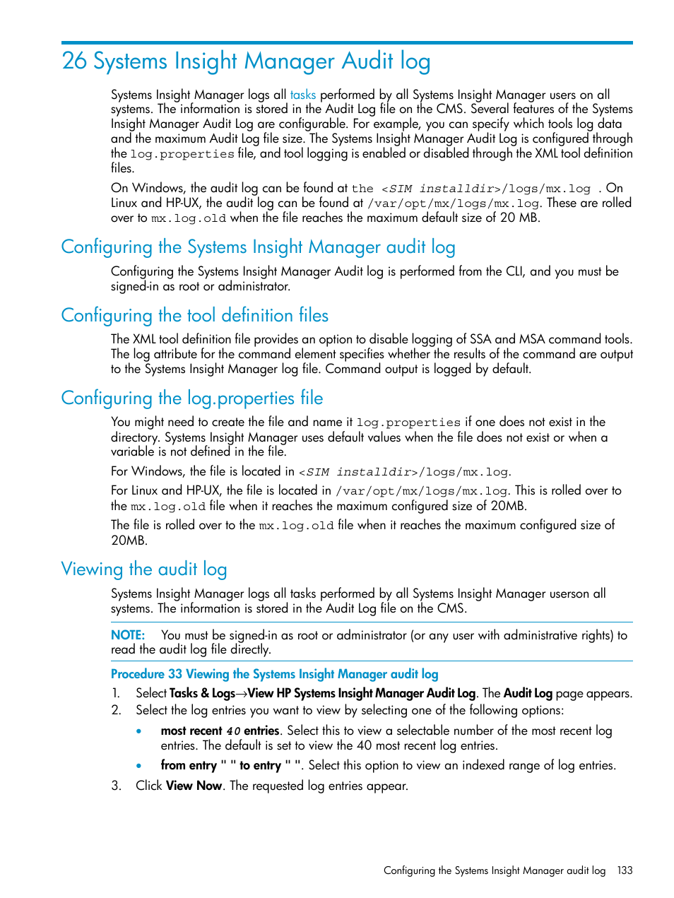 26 systems insight manager audit log, Configuring the systems insight manager audit log, Configuring the tool definition files | Configuring the log.properties file, Viewing the audit log, Viewing the systems insight manager audit log | HP Systems Insight Manager User Manual | Page 133 / 223