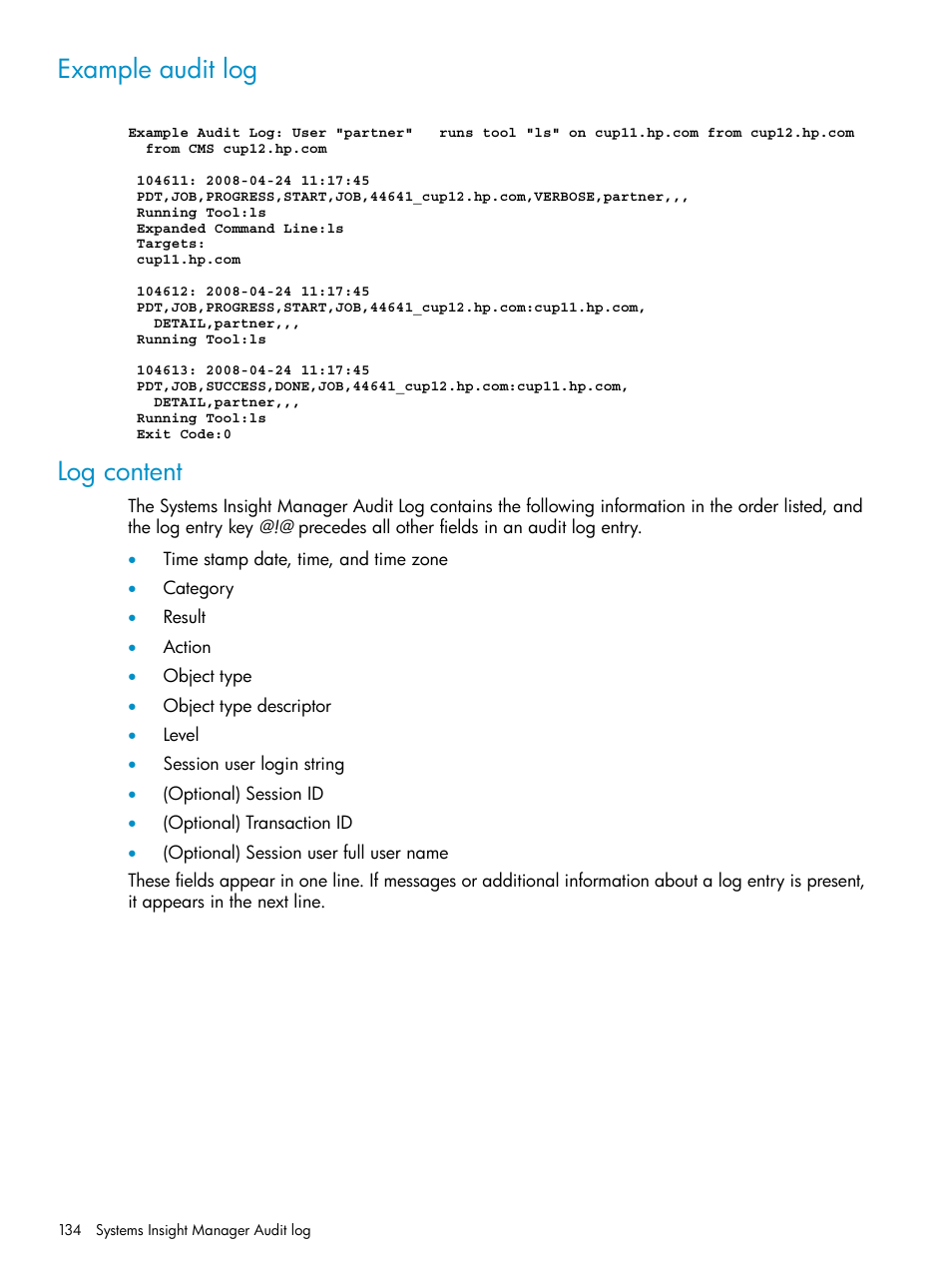 Example audit log, Log content, Example audit log log content | HP Systems Insight Manager User Manual | Page 134 / 223