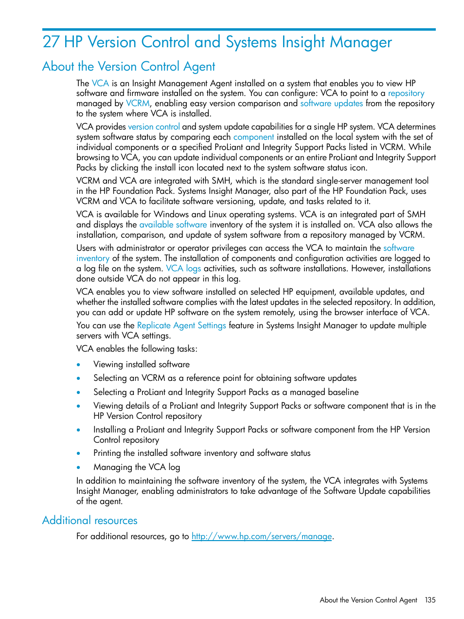 27 hp version control and systems insight manager, About the version control agent, Additional resources | HP Systems Insight Manager User Manual | Page 135 / 223