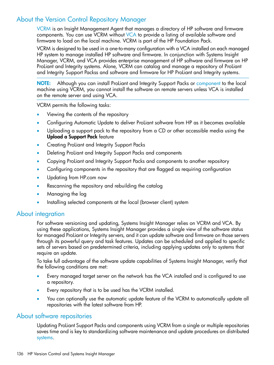 About the version control repository manager, About integration, About software repositories | HP Systems Insight Manager User Manual | Page 136 / 223