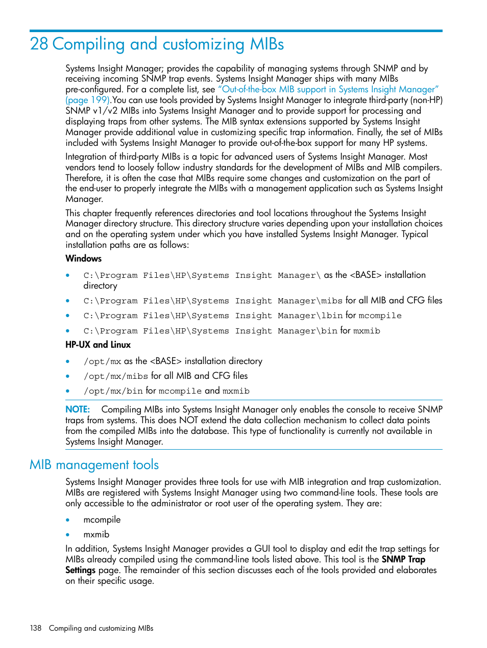 28 compiling and customizing mibs, Mib management tools | HP Systems Insight Manager User Manual | Page 138 / 223