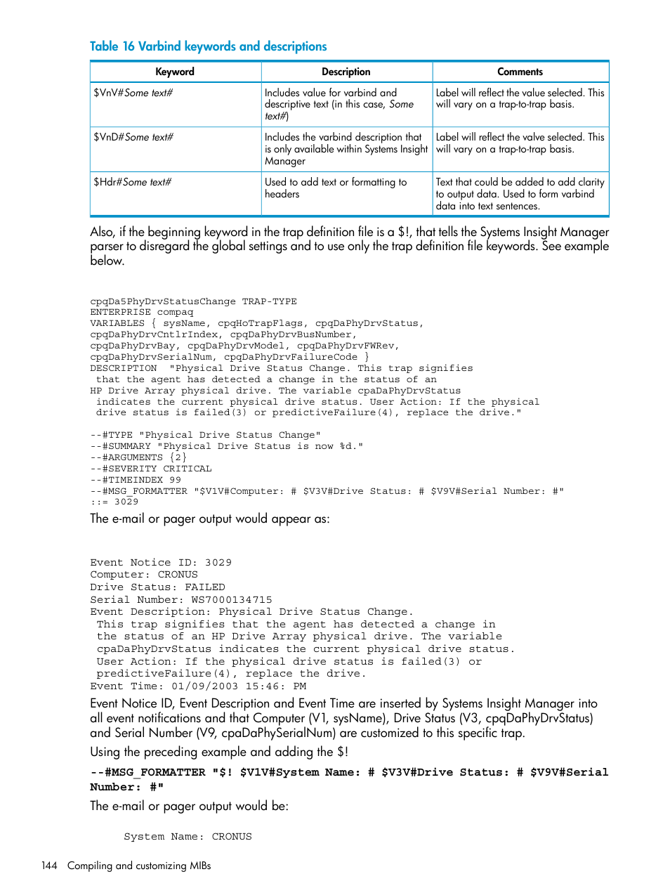 Varbind keywords and descriptions | HP Systems Insight Manager User Manual | Page 144 / 223