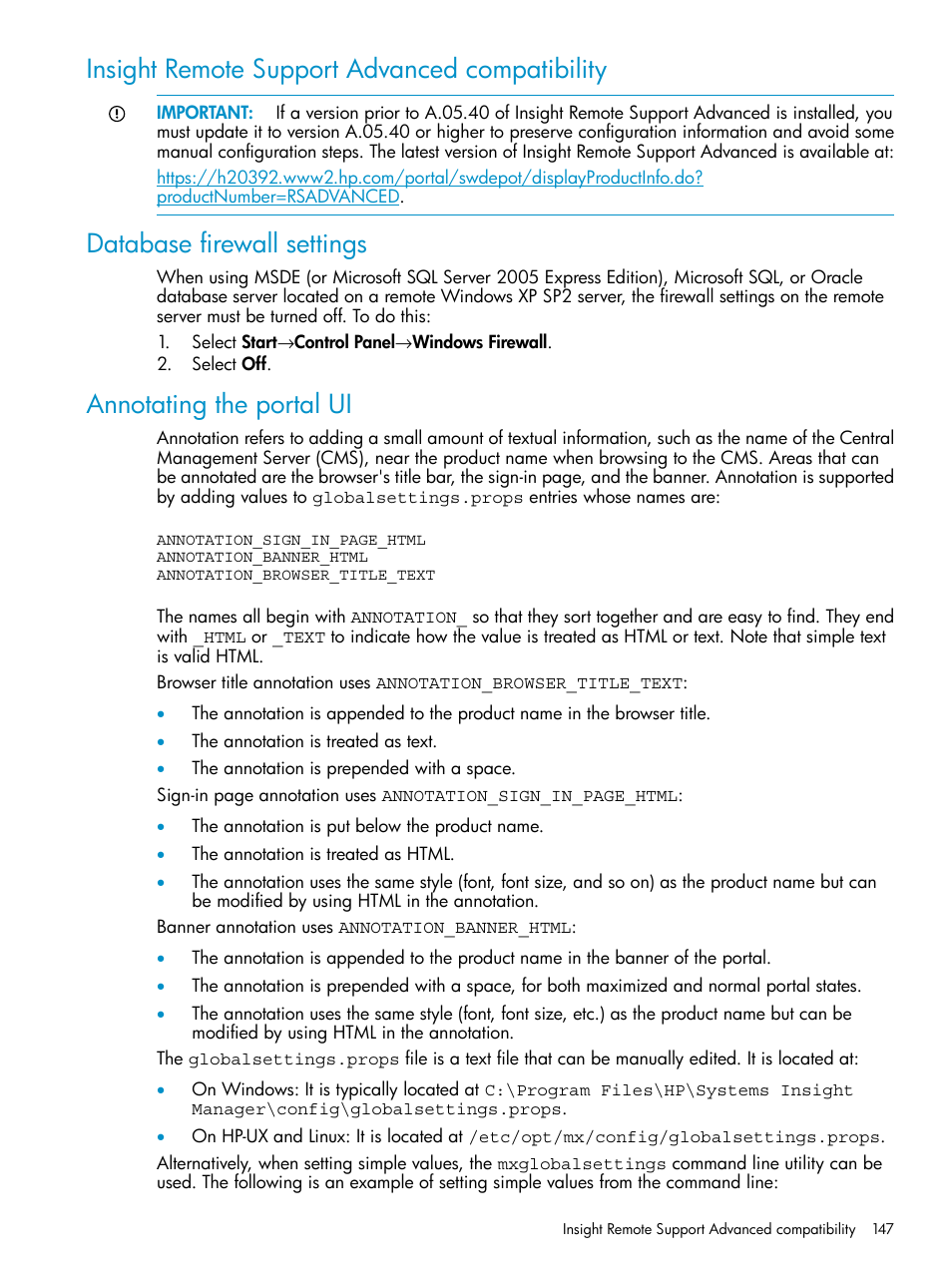 Insight remote support advanced compatibility, Database firewall settings, Annotating the portal ui | HP Systems Insight Manager User Manual | Page 147 / 223