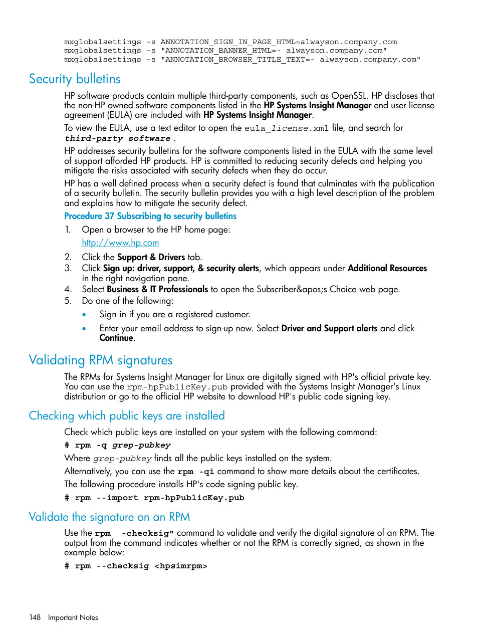 Security bulletins, Validating rpm signatures, Checking which public keys are installed | Validate the signature on an rpm, Security bulletins validating rpm signatures, Subscribing to security bulletins | HP Systems Insight Manager User Manual | Page 148 / 223