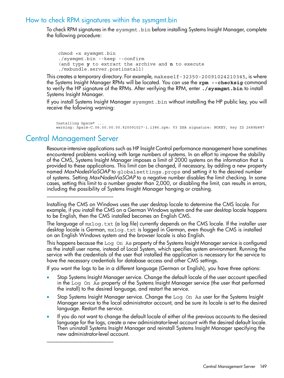 How to check rpm signatures within the sysmgmt.bin, Central management server | HP Systems Insight Manager User Manual | Page 149 / 223