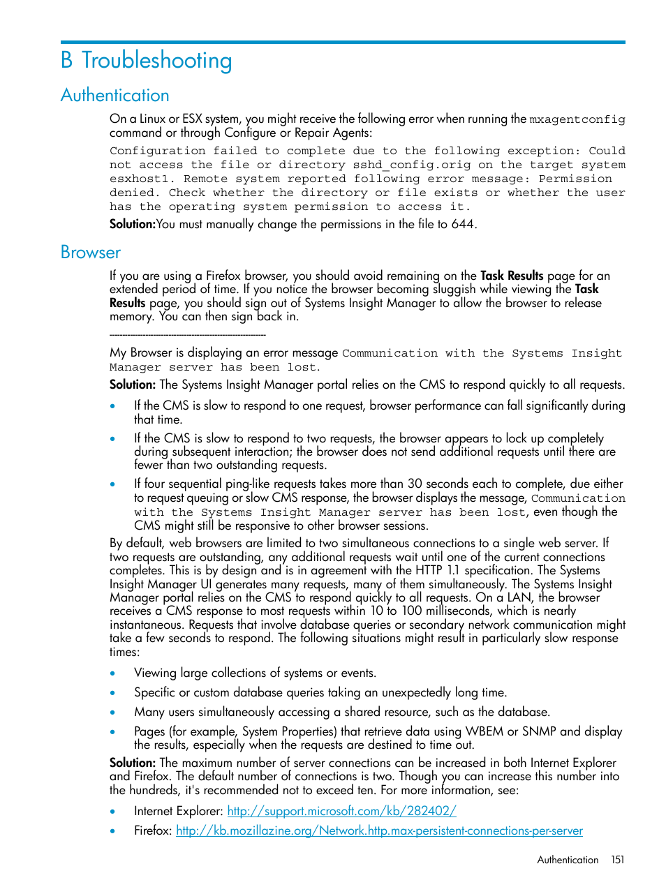 B troubleshooting, Authentication, Browser | Authentication browser | HP Systems Insight Manager User Manual | Page 151 / 223