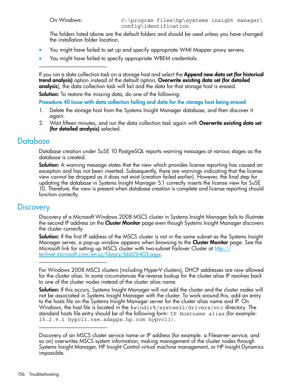 Database, Discovery, Database discovery | HP Systems Insight Manager User Manual | Page 156 / 223