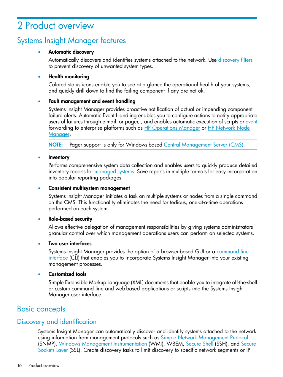 2 product overview, Systems insight manager features, Basic concepts | Discovery and identification, Systems insight manager features basic concepts | HP Systems Insight Manager User Manual | Page 16 / 223