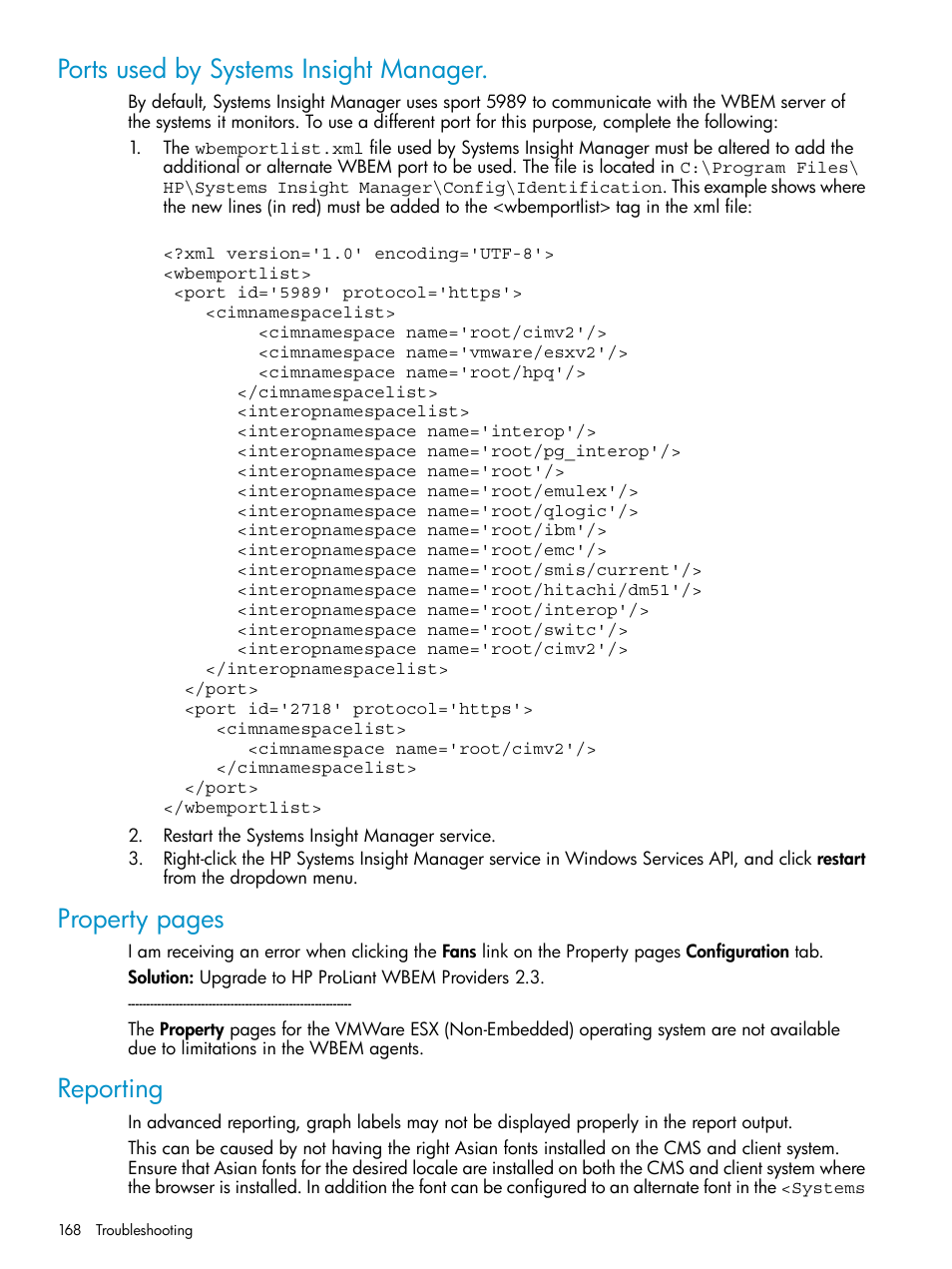 Ports used by systems insight manager, Reporting, Property pages | HP Systems Insight Manager User Manual | Page 168 / 223