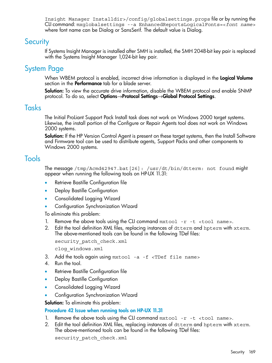 Security, Tasks, Tools | Issue when running tools on hp-ux 11.31, System page | HP Systems Insight Manager User Manual | Page 169 / 223