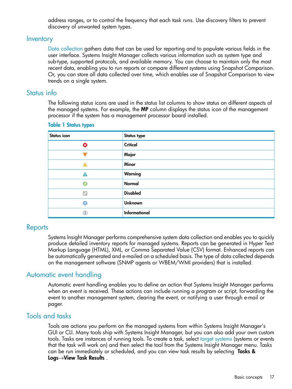 Inventory, Status info, Reports | Automatic event handling, Tools and tasks, Status types | HP Systems Insight Manager User Manual | Page 17 / 223