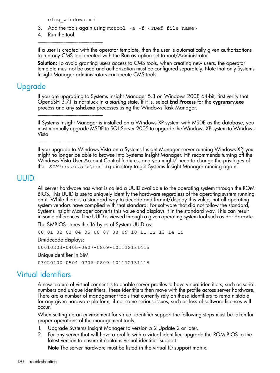 Upgrade, Uuid, Virtual identifiers | Upgrade uuid virtual identifiers | HP Systems Insight Manager User Manual | Page 170 / 223