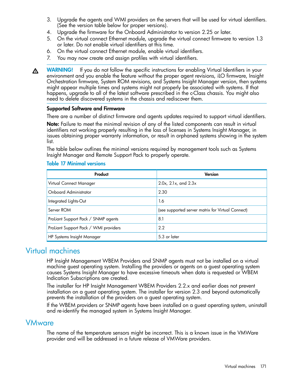 Virtual machines, Vmware, Virtual machines vmware | Minimal versions | HP Systems Insight Manager User Manual | Page 171 / 223