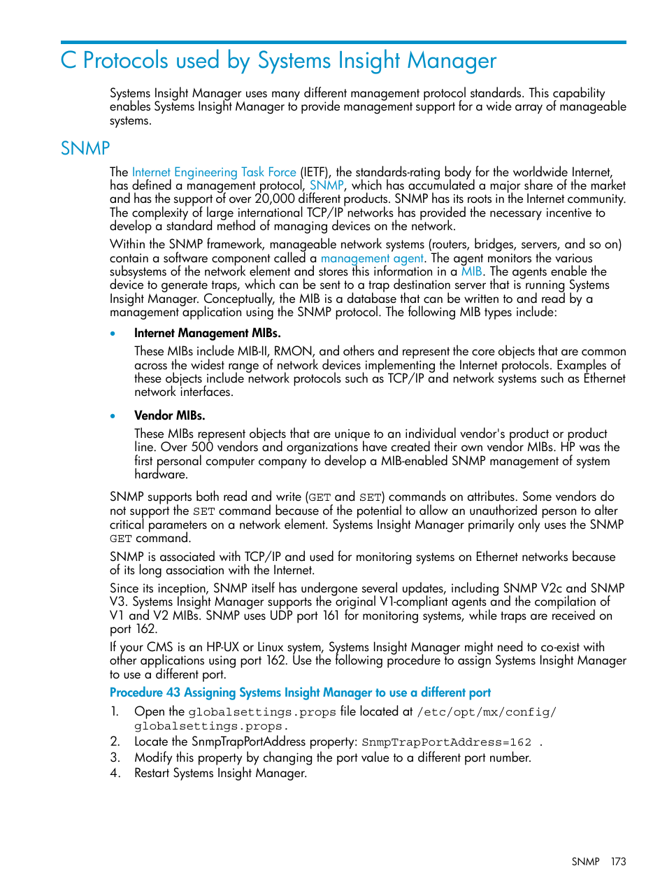 C protocols used by systems insight manager, Snmp | HP Systems Insight Manager User Manual | Page 173 / 223