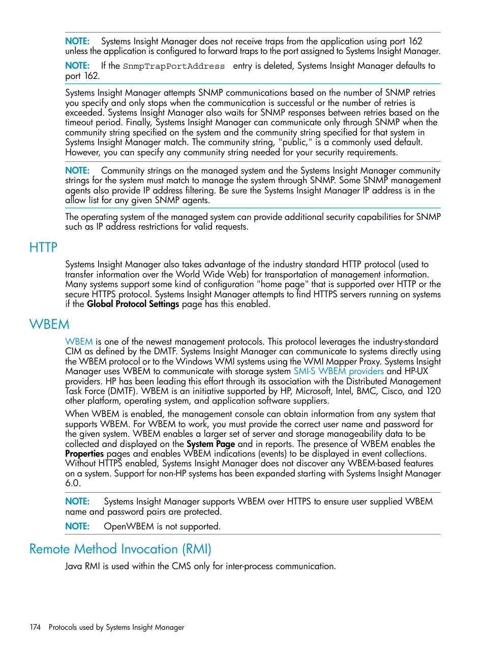 Http, Wbem, Remote method invocation (rmi) | Http wbem remote method invocation (rmi) | HP Systems Insight Manager User Manual | Page 174 / 223