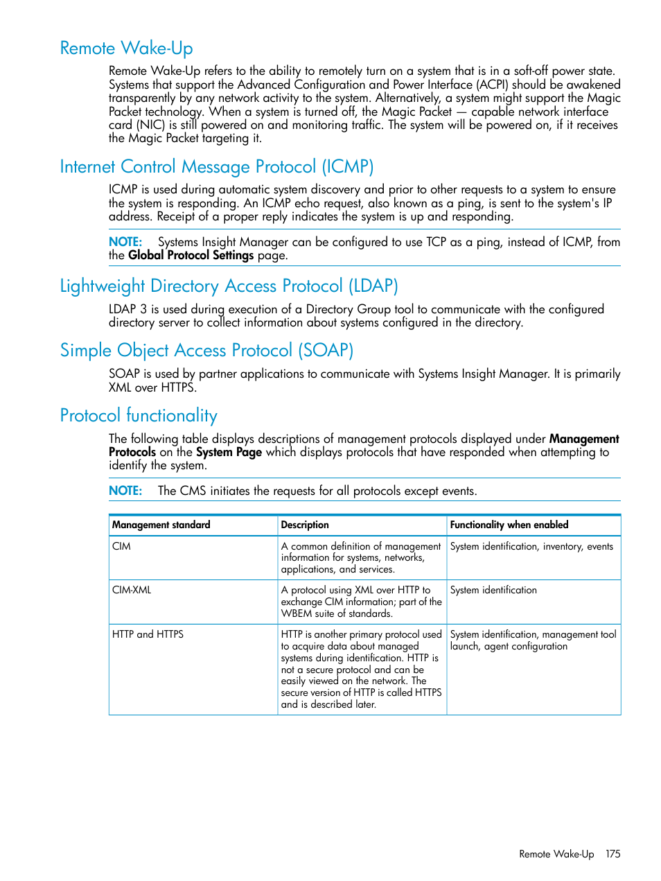 Remote wake-up, Internet control message protocol (icmp), Lightweight directory access protocol (ldap) | Simple object access protocol (soap), Protocol functionality | HP Systems Insight Manager User Manual | Page 175 / 223