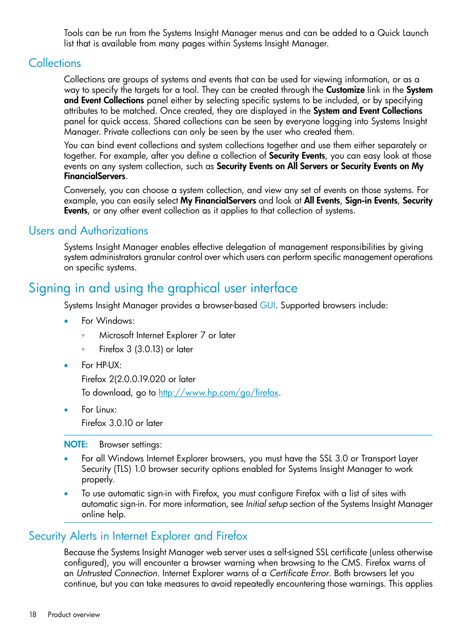 Collections, Users and authorizations, Signing in and using the graphical user interface | Security alerts in internet explorer and firefox, Collections users and authorizations | HP Systems Insight Manager User Manual | Page 18 / 223