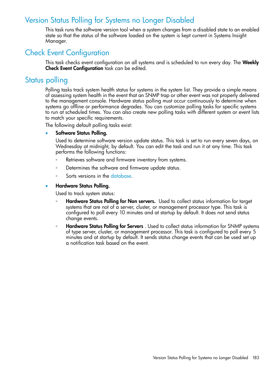 Check event configuration, Status polling, Check event configuration status polling | HP Systems Insight Manager User Manual | Page 183 / 223