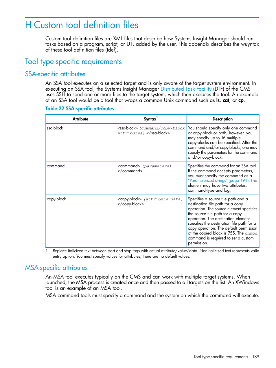 H custom tool definition files, Tool type-specific requirements, Ssa-specific attributes | Msa-specific attributes, Ssa-specific attributes msa-specific attributes | HP Systems Insight Manager User Manual | Page 189 / 223
