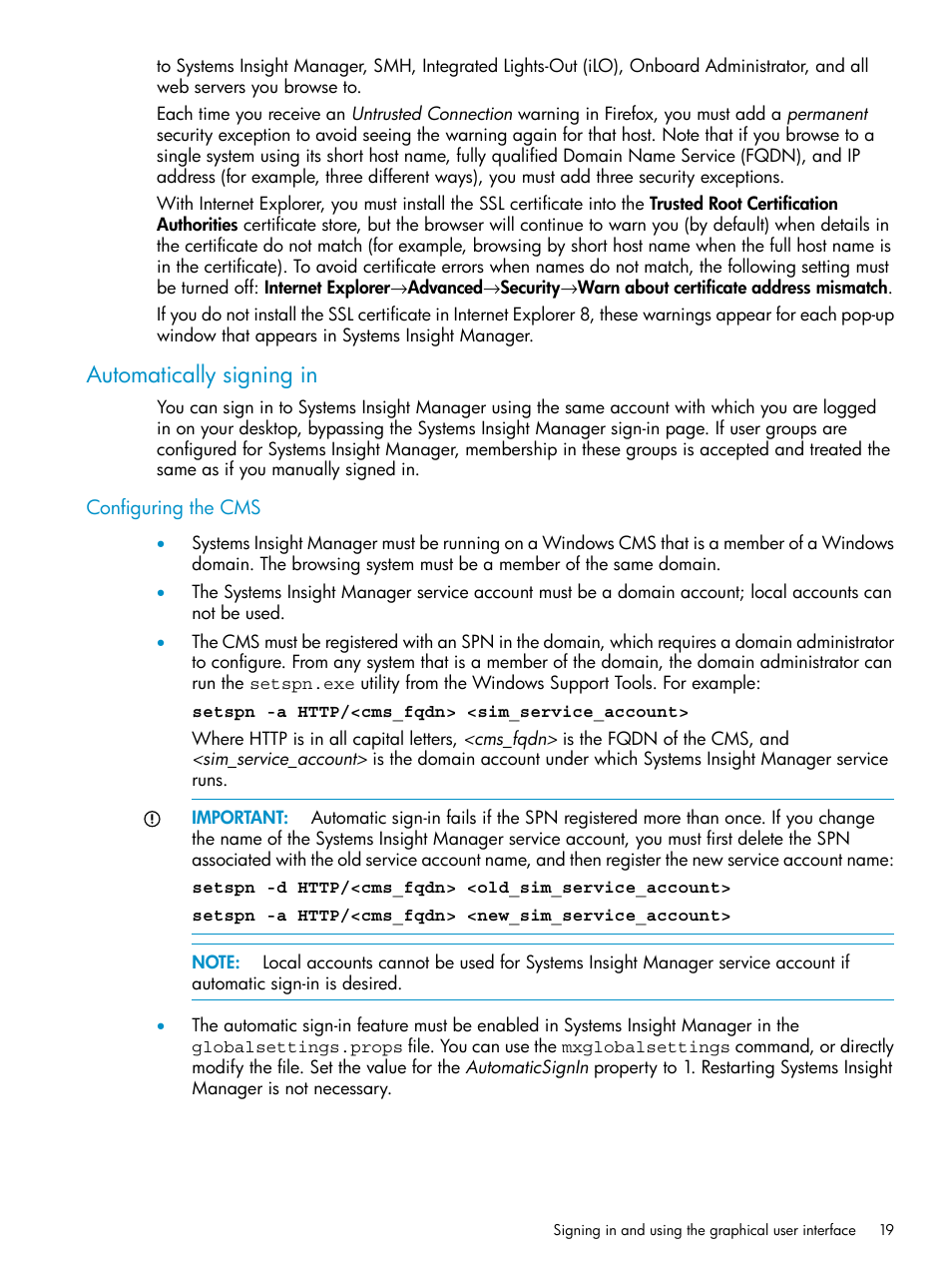 Automatically signing in, Configuring the cms | HP Systems Insight Manager User Manual | Page 19 / 223