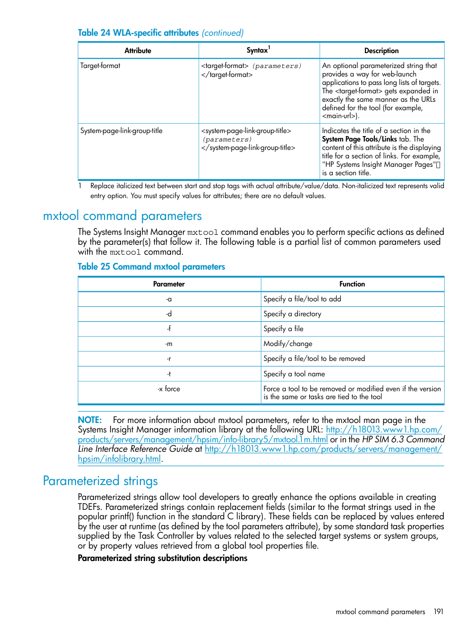 Mxtool command parameters, Parameterized strings, Mxtool command parameters parameterized strings | Command mxtool parameters, Parameterized | HP Systems Insight Manager User Manual | Page 191 / 223