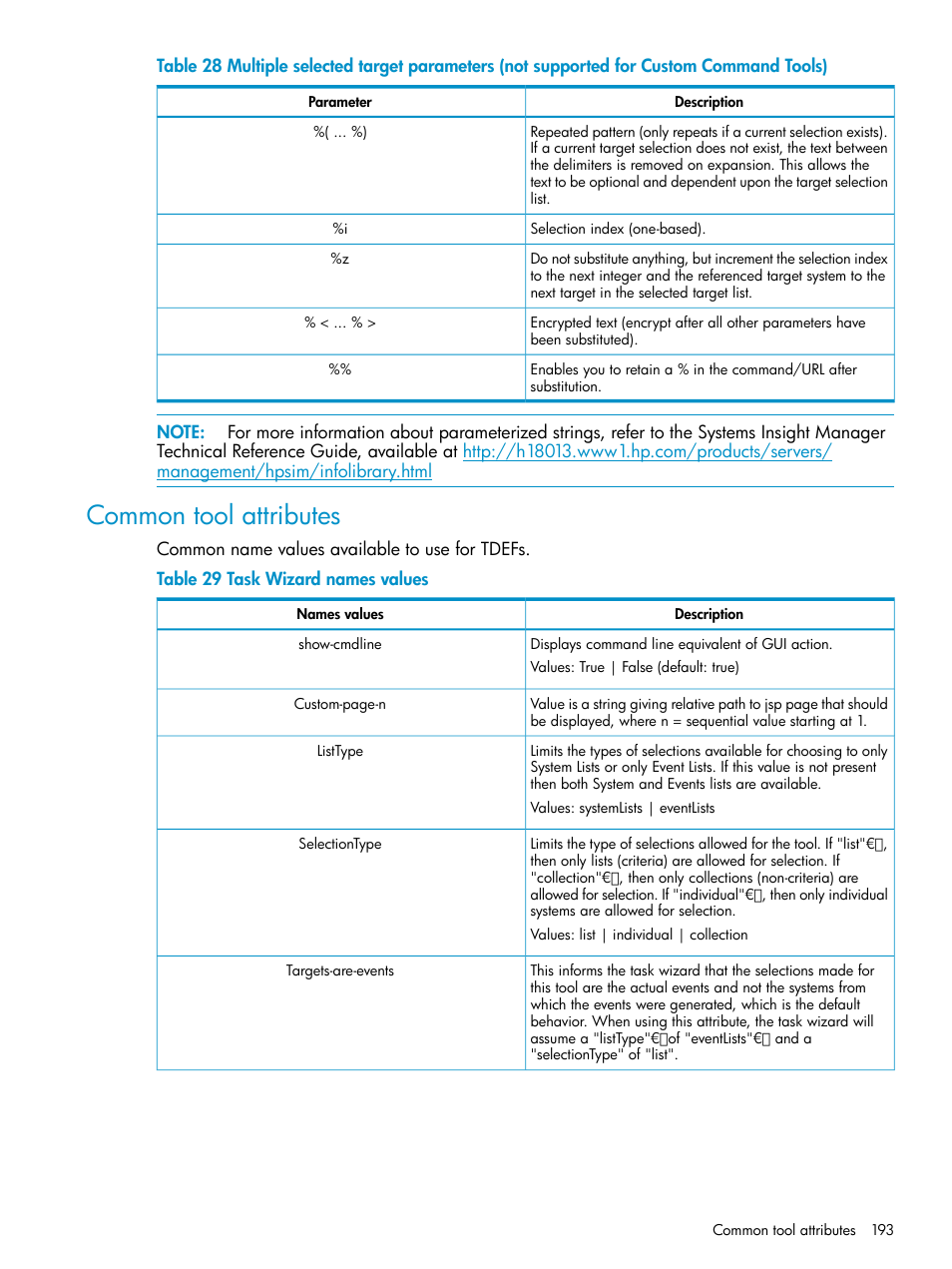 Common tool attributes, Task wizard names values | HP Systems Insight Manager User Manual | Page 193 / 223